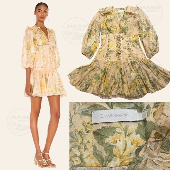 Zimmermann 2 US 6 Amelie Corset Dress | Floral Romantic Feminine Linen Mini $795 - Picture 3 of 14
